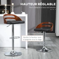 HOMCOM Lot de 2 tabourets de Bar Design Contemporain Hauteur d'assise réglable pivotant 360° revêtement synthétique Noir Dossier ajouré Aspect Bois(m-5)
