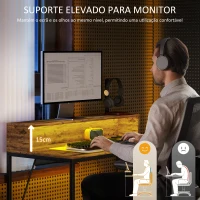 HOMCOM Secretária Estilo Industrial com Luzes LED Tomadas de Corrente Suporte para Monitor e Controlo Remoto 100x50x90,5 cm Marrom(m-6)