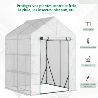 Outsunny Serre de jardin PE avec étagères 2 niveaux, serre de balcon, bâche renforcée 140 g/m², châssis en acier, porte zippée enroulable, pour légumes plantes fleurs, 143x143x195cm, blanc(m-4)