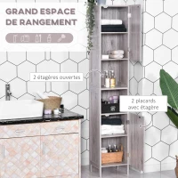 HOMCOM Meuble Colonne Rangement Salle de Bain dim. 30L x 32l x 172H cm 2 placards avec étagère + 2 niches MDF Imitation Bois Gris(m-4)