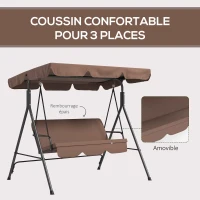 Outsunny Balancelle de jardin 3 places toit inclinaison réglable coussins 172 x 110 x 153 cm acier noir polyester marron(m-7)