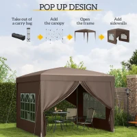 Outsunny 3 x 3 m Pop Up Gazebo, Wedding Party Canopy Tent Marquee with Carry Bag and Windows, Coffee(m-4)