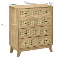 HOMCOM Commode 4 tiroirs meuble de rangement cannage en rotin aspect bois clair 80 x 35 x 95 cm(m-3)