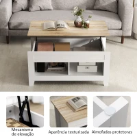 HOMCOM Mesa de Centro com Bancada Elevável 2 Compartimentos Abertos Bancada de Madeira 105x50x49 cm Branco e Madeira(m-6)