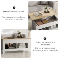 HOMCOM Mesa de Centro com Bancada Elevável 2 Compartimentos Abertos Bancada de Madeira 105x50x49 cm Branco e Madeira(m-5)