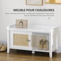 HOMCOM Banc à chaussures meuble de rangement avec porte coulissante et façades rotin tissé 80 x 35 x 45 cm blanc(m-5)