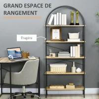 HOMCOM Bibliothèque étagère à 5 niveaux meuble de rangement arrondie style industriel 80 x 28 x 179 cm naturel noir(m-5)