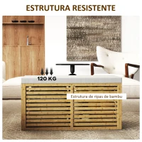 HOMCOM Baú de Arrumação para Dormitório 122L Estofado em Linho Sintético com Almofada Estrutura de Bambu 90x42x43 cm Cinza e Madeira(m-6)