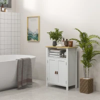 kleankin Meuble bas de salle de bain multi-rangements grande niche placard double porte blanc et naturel(m-7)
