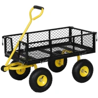 Outsunny Carrinho de Jardim Carga 200 kg com Paineis Laterais Desmontáveis Guiador Giratório 180° e 4 Rodas  de Borracha Preto e Amarelo(m-10)