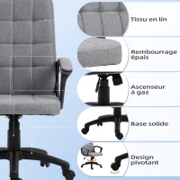 Vinsetto Fauteuil de bureau chaise de bureau tissu effer lin hauteur réglable 43-52,5 cm pivotante 360° gris noir(m-5)