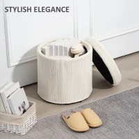 HOMCOM 40cm Round Storage Ottoman, Corduroy Footstool with Removable Lid and Legs, Vanity Stool for Living Room, Bedroom, Beige(m-4)