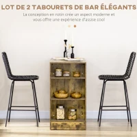 HOMCOM Lot de 2 tabourets de bar design bohème hauteur 66 cm avec repose-pieds métal et rotin PE - noir(m-4)
