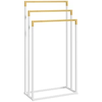 kleankin Toalheiro de Pé de 3 Níveis em Forma de Escada com 3 Barras de Bambu e Estrutura de Aço 45x22,5x86 cm Branco e Madeira(m-1)