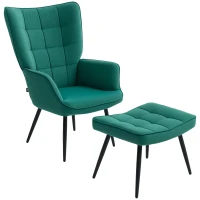 HOMCOM Fauteuil relax avec repose-pieds assorti style scandinave piètement métal noir revêtement aspect velours - Vert(m-1)
