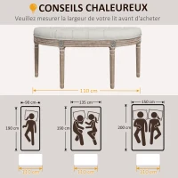 HOMCOM Banc bout de lit en forme demi-lune style Louis XVI structure en bois massif sculpté siège en tissu aspect lin crème(m-7)
