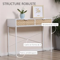 HOMCOM Table Console Industriel 2 tiroirs Aspect Bois de chêne sculpté Motif à Chevrons piètement métal Blanc(m-5)