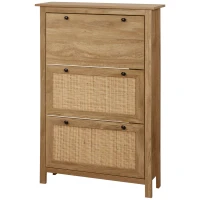 HOMCOM Meuble à chaussures étagère à chaussures armoire 3 portes abattants effet cannage rotin - en bois bois naturel(m-11)
