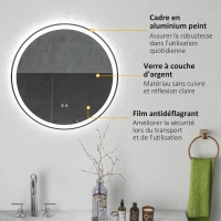 kleankin Miroir rond lumineux LED de salle de bain Ø 60 cm mural avec éclairage 3 couleurs interrupteur tactile 29W blanc argent(m-7)