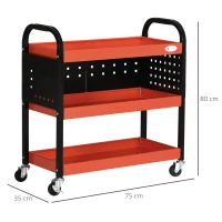 DURHAND Carro de Ferramentas Carro de Oficina de Aço com 3 Prateleiras Rodas e Painéis Perfurados 75x35x80 cm Vermelho e Preto(m-3)
