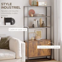 HOMCOM Bibliothèque Style Industriel 3 étagères + Placard 2 Portes Panneaux Particules Aspect Vieux Bois métal Noir(m-4)