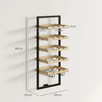 HOMCOM Raft de Perete pentru Sticle din Lemn și Oțel, Suport pentru 15 Sticle de Vin și 4 pahare, 35x25x86 cm, Natural(m-3)