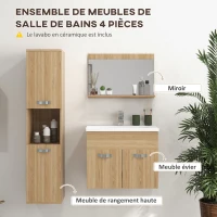 kleankin Ensemble de meubles de salle de bain armoire miroir + meuble sous lavabo suspendu avec bassin + meuble colonne naturel(m-4)