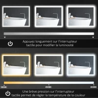 kleankin Miroir mural lumineux LED de salle de bain 70L x 50l cm 3 couleurs luminosité réglable interrupteur tactile transparent(m-5)