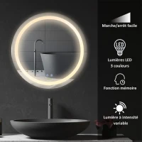 kleankin Miroir de salle de bain rond LED Ø 60 cm miroir mural avec éclairage interrupteur tactile fonction de mémoire système anti-buée aluminium(m-4)
