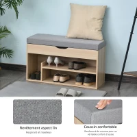 HOMCOM Meuble Chaussures Banc à Chaussures 2 Niveaux Rangement, Niche + Coffre intégré avec Coussin Beige Gris(m-4)