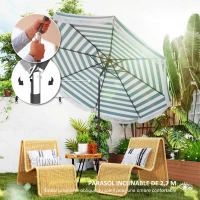 Outsunny Parasol de jardin 2,7 ​​m, parasol inclinable d'extérieur UPF 30+ avec manivelle, 8 baleines, bleu clair et blanc(m-4)