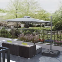 Outsunny 3(m) LED Cantilever Parasol Garden Sun Umbrella w/ Cross Base and Solar Lights Grey(m-13)