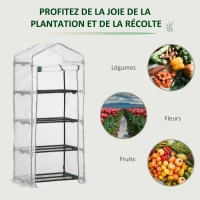 Outsunny Serre de jardin PE avec étagères 4 niveaux, serre de balcon, bâche renforcée 140 /m², châssis en acier, porte zippée enroulable, pour légumes plantes, intérieur extérieur, 70x50x160cm, blanc(m-7)