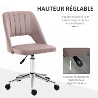 Vinsetto Chaise de bureau design contemporain pivotante 360° ergonomique dossier strié aéré hauteur réglable revêtement velours 49 x 60 x 91 cm rose(m-4)