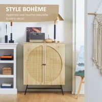 HOMCOM Meuble de rangement buffet haut aspect bois et cannage design 2 portes 80 x 39 x 101,8 cm naturel(m-4)