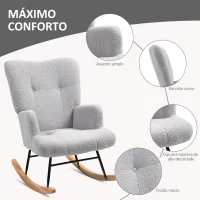 HOMCOM Poltrona Baloiço em Borrego Poltrona para Amamentação com Encosto Capitonê e Base de Madeira 65x88x87 cm Cinza Claro(m-5)