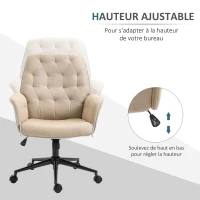 HOMCOM Fauteuil de bureau chaise de bureau hauteur réglable roulettes pivotant 360° tissu chanvre 69L x 66l x 89,5-97H cm beige(m-4)