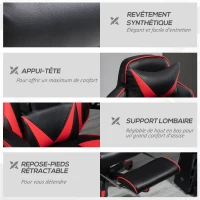 Vinsetto Chaise gaming Ergonomique, Fauteuil de Bureau confortable avec Repose-Pied, Appuie-Tête et coussin lombaire, Hauteur Réglable, noir et rouge(m-8)