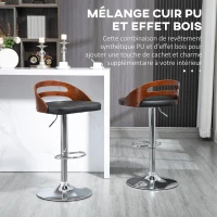 HOMCOM Lot de 2 tabourets de Bar Design Contemporain Hauteur d'assise réglable pivotant 360° revêtement synthétique Noir Dossier ajouré Aspect Bois(m-4)
