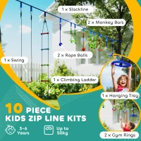 AIYAPLAY 10-Piece Zip Line Kit for Kids with 10m Slackline, Monkey Bars, Swing, Climbing Ladder, Hanging Tray, Metal Rings(m-4)