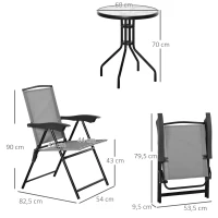 Outsunny Ensemble de jardin 3 pièces 2 chaises inclinables multi-positions pliables table ronde verre trempé métal textilène gris(m-3)
