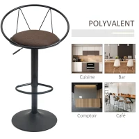 HOMCOM Lot de 2 tabourets de Bar Design néo-rétro réglable pivotant avec Repose-Pied métal Noir Lin Marron(m-4)