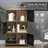HOMCOM Bibliothèque Design Industriel - Meuble de Rangement 3 niches 3 casiers - Aspect Bois avec Portes en métal Noir(m-4)