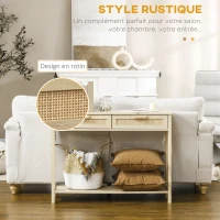 HOMCOM Console Table d'appoint dim. 100L x 30l x 76H cm 2 tiroirs façades cannage en rotin étagère MDF Aspect Bois Clair(m-5)