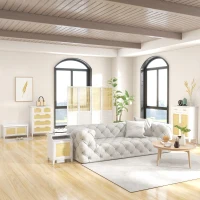HOMCOM Banc à chaussures meuble de rangement avec porte coulissante et façades rotin tissé 80 x 35 x 45 cm blanc(m-8)