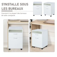 HOMCOM Caisson de bureau rangement bureau sur roulettes tiroir placard niche panneaux particules blanc(m-5)