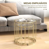 HOMCOM Mesas Auxiliares para Sala de Estar Redondas Conjunto de Mesas Laterais com Estrutura de Metal e Bancada de Vidro Mesas(m-4)