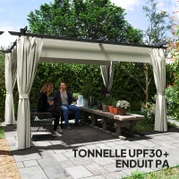 Outsunny Pergola de jardin exterieur 3 x 4 m, toit rétractable et rideaux, anti-UV UPF30+, pour barbecue, patio, terrasse, crème(m-6)