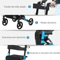 HOMCOM Andarilho Idosos Dobrável de Alumínio com Altura Ajustável Travão e Bolsa de Transporte 66x65x80-93 cm Preto e Azul(m-6)