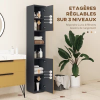 kleankin Meuble colonne armoire rangement salle de bain 2 portes étagère réglable 2 niches 30 x 30 x 183 cm chêne gris foncé(m-5)